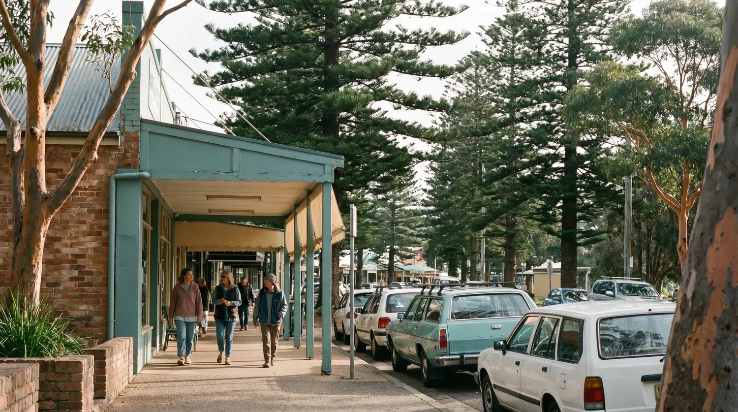 Avalon Beach village street under Norfolk pines