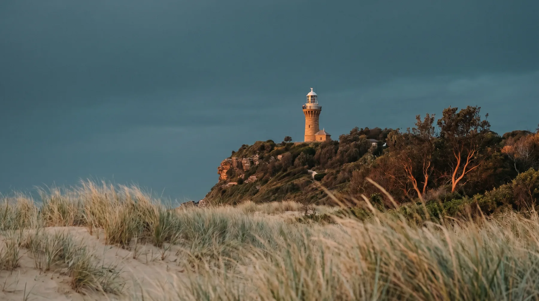 Barrenjoey Lighthouse on its headland at dusk