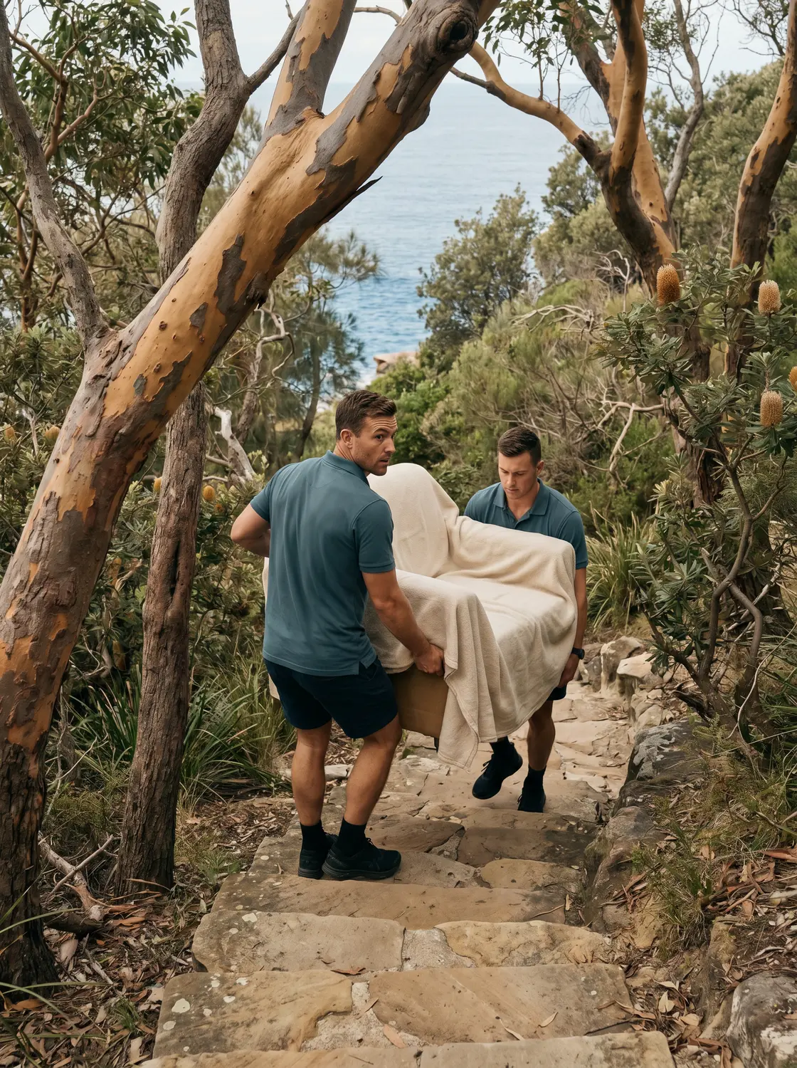Two movers carrying a wrapped armchair down a sandstone stair run on a steep hillside