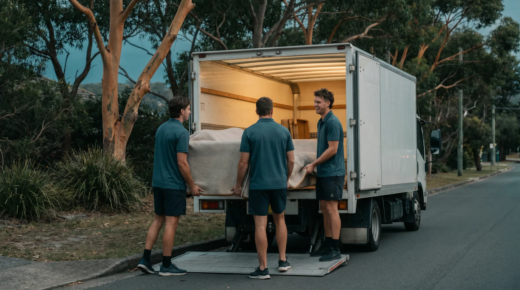 Three movers closing up a truck at dusk, Pittwater sky behind