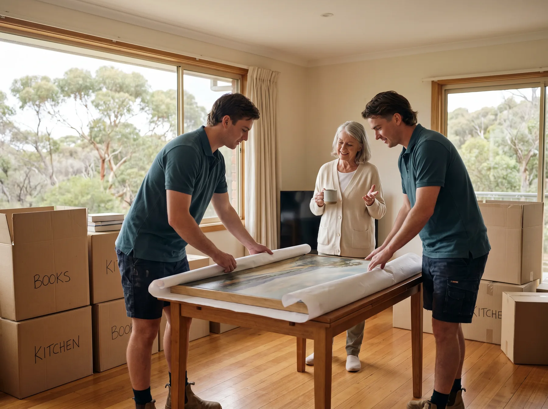 A mover wrapping a framed painting at a table while the homeowner talks with him over a cup of tea