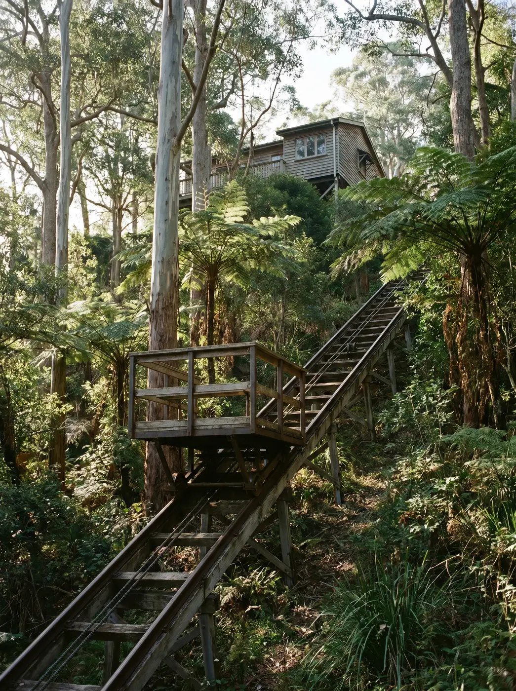 A private inclinator rail climbing a steep bush block between tree ferns toward a timber house