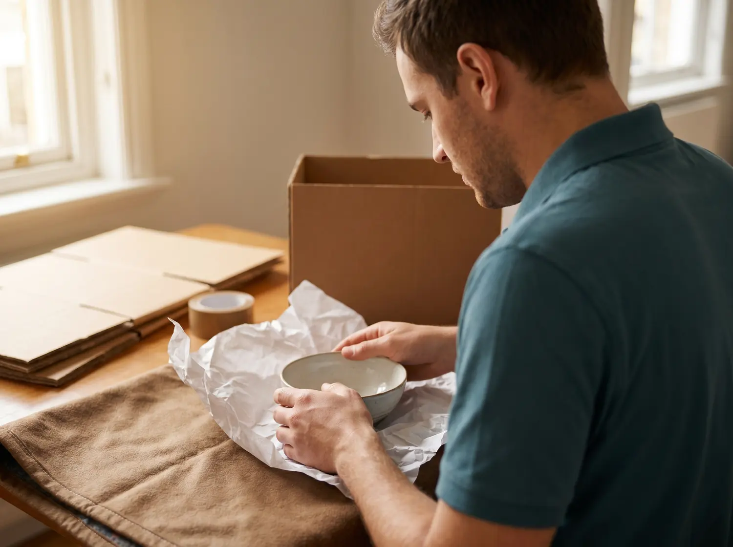 A mover in a teal polo wrapping a ceramic bowl in white packing paper beside flat-packed cartons