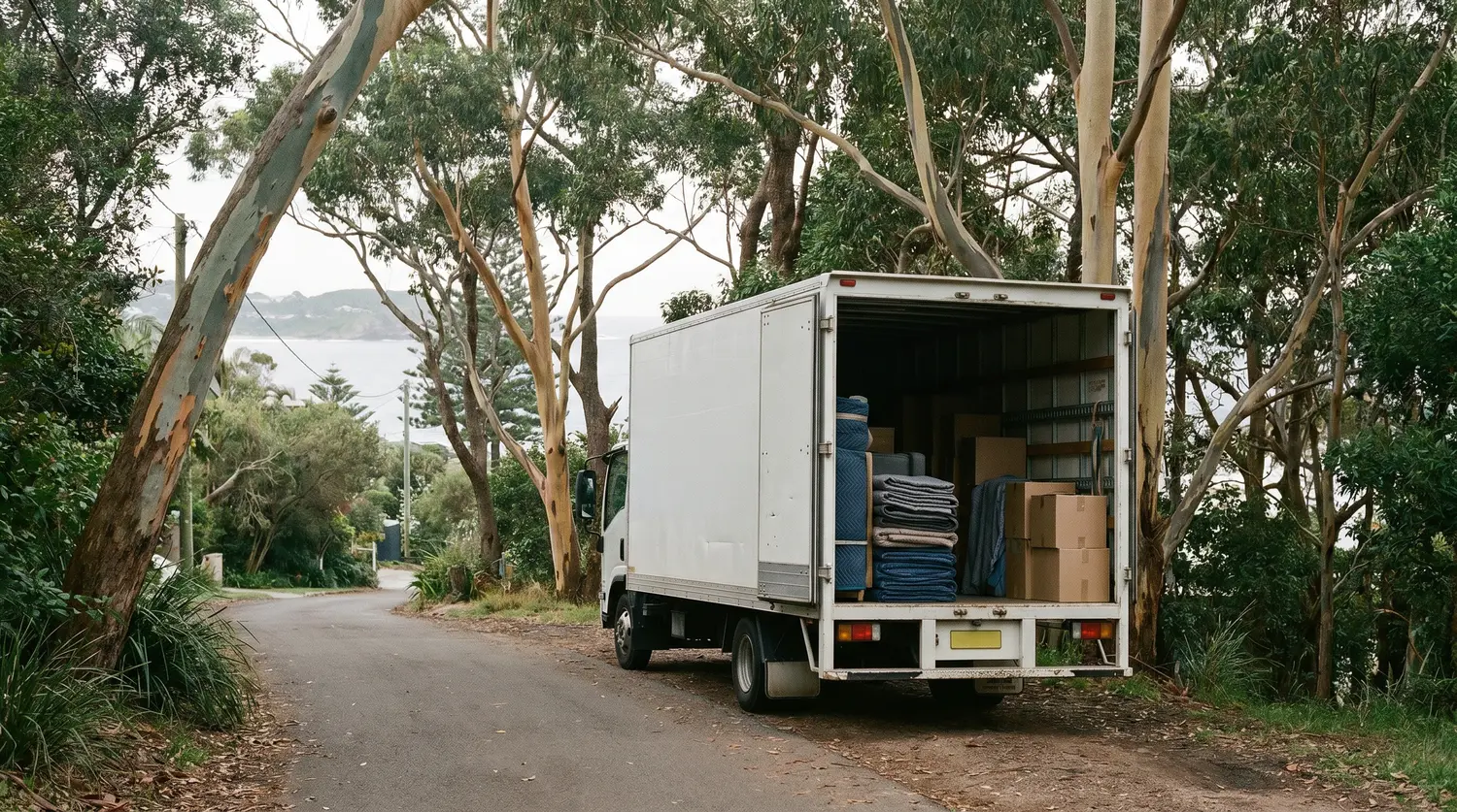An unmarked removals truck with the rear door open, parked on a narrow bend of a leafy hillside road