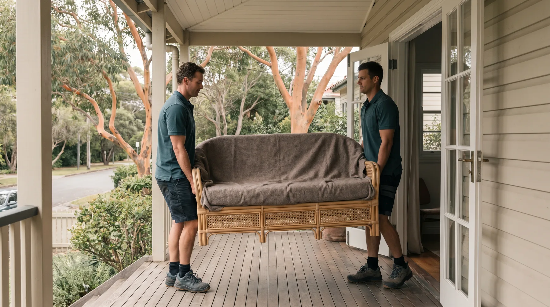 Two movers carrying a blanket-wrapped cane sofa across the veranda of a weatherboard beach house