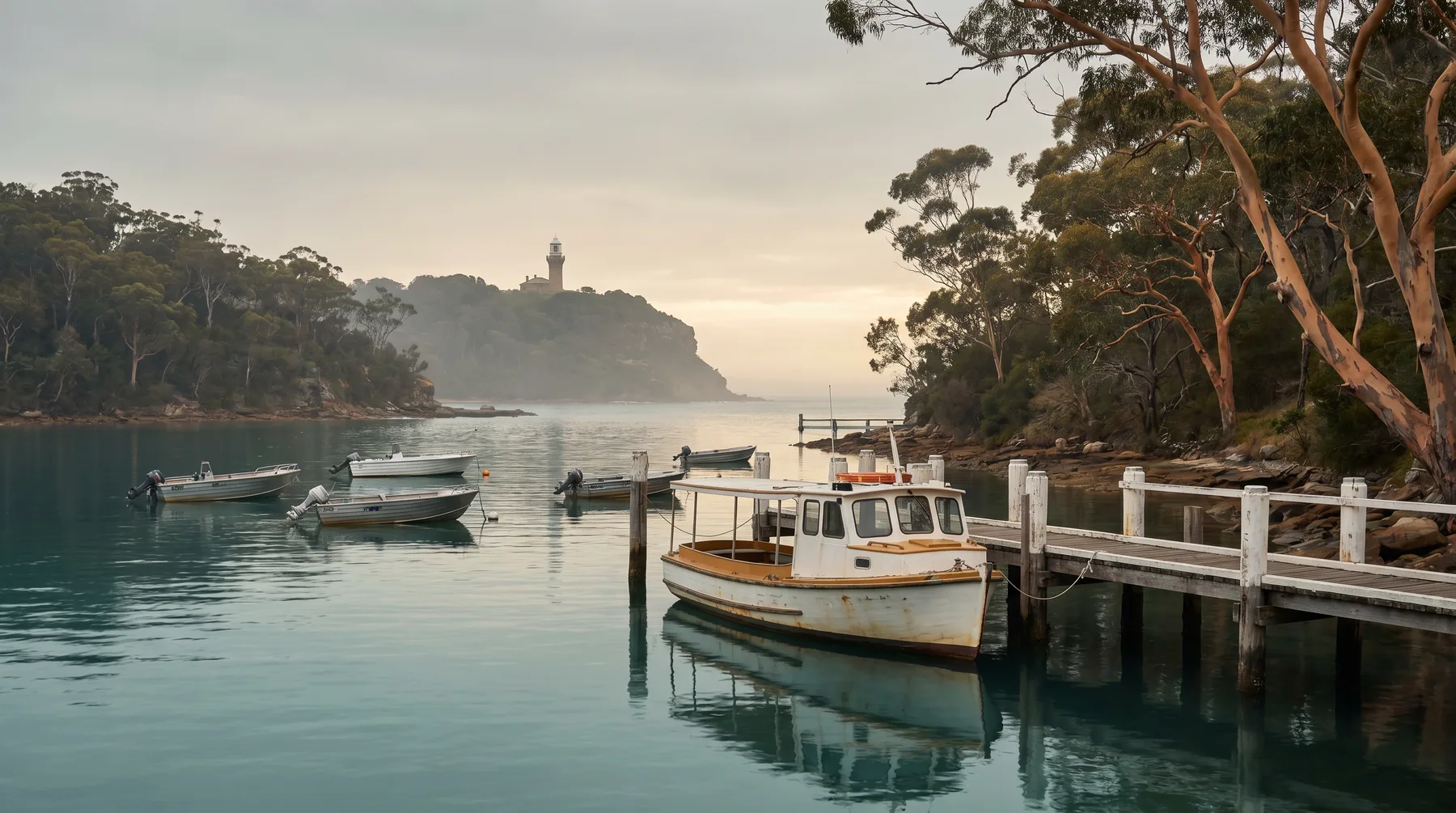 Boats moored by the Palm Beach wharf on a calm grey-gold morning, Barrenjoey headland behind